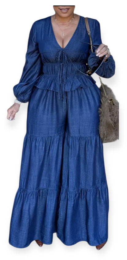 Lantern sleeve denim look 2pc pant set