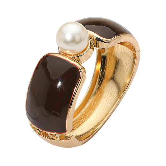 Pearl Enamel Hinged Bangle Bracelet | Brown
