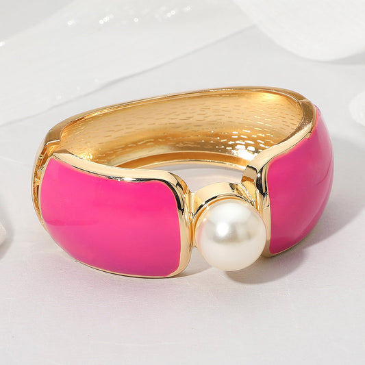 Pearl Enamel Hinged Bangle Bracelet | Pink
