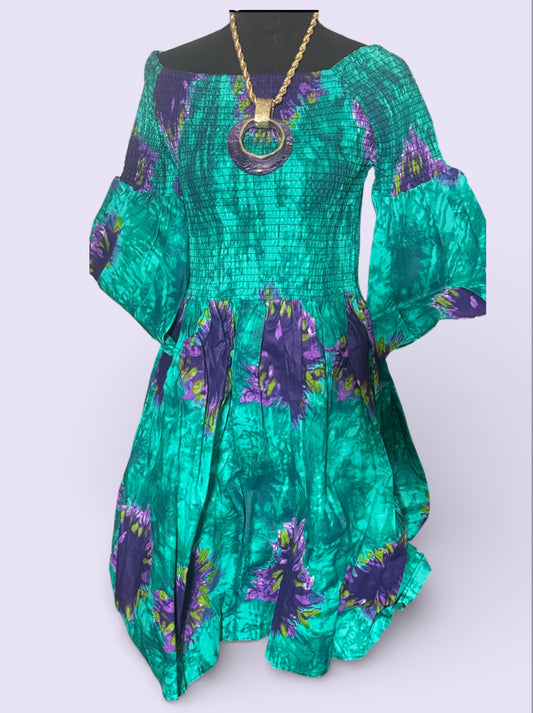 Purple and green elastic waist dress