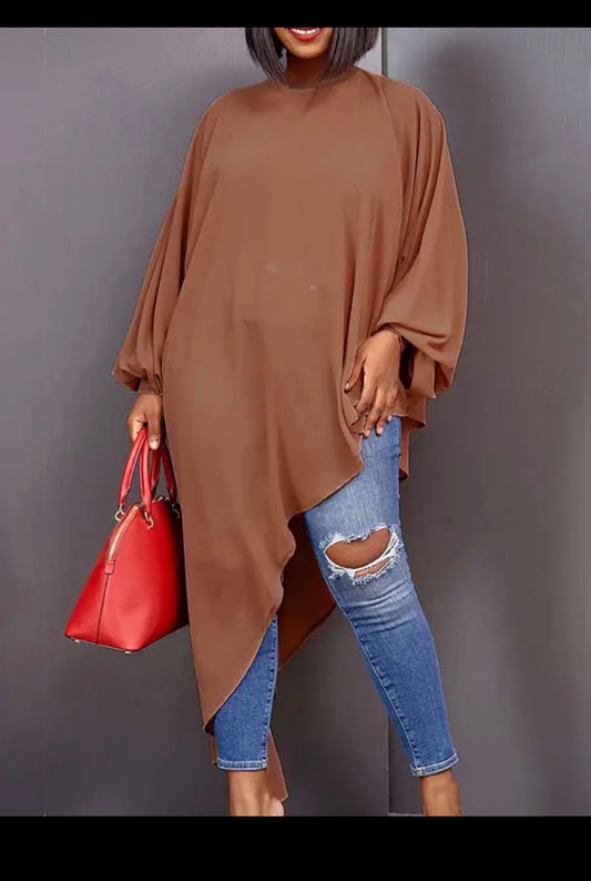 Loose See-Through Asymmetric Long Sleeve Blouse Brown