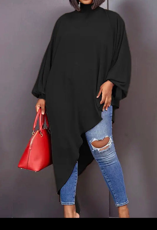 Loose See-Through Asymmetric Long Sleeve Blouse Black