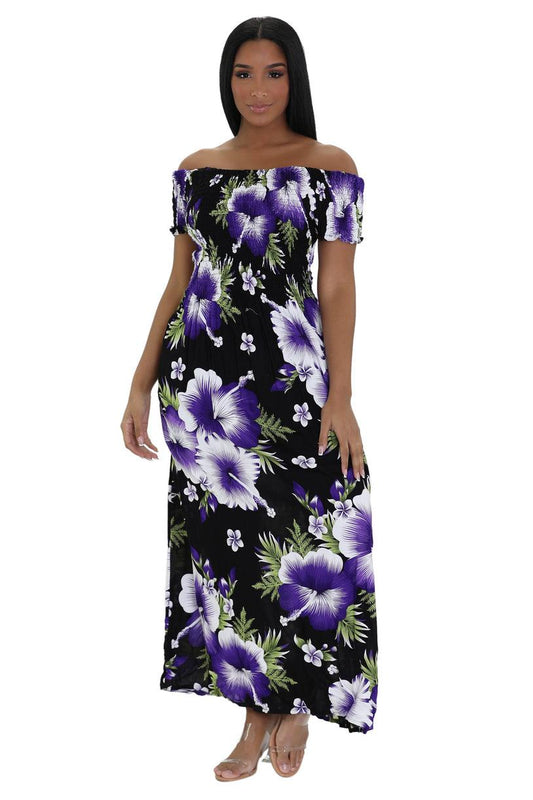 Colorful off the shoulder maxi dress purple floral