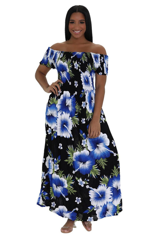 Colorful off the shoulder maxi dress blue floral