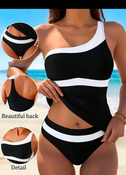 One Shoulder 2pc Tankini Bathing Suit