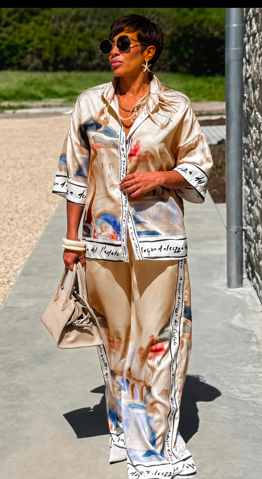 2pc Beige Floral Pant Set