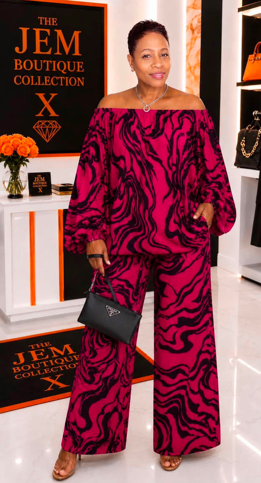 2 pc Fuschia and black print pant set