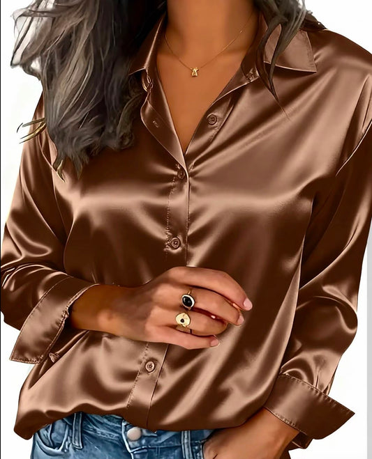 Brown satin button down collar shirt