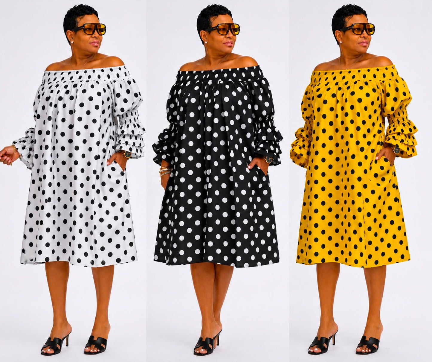 Polka off the shoulder dress