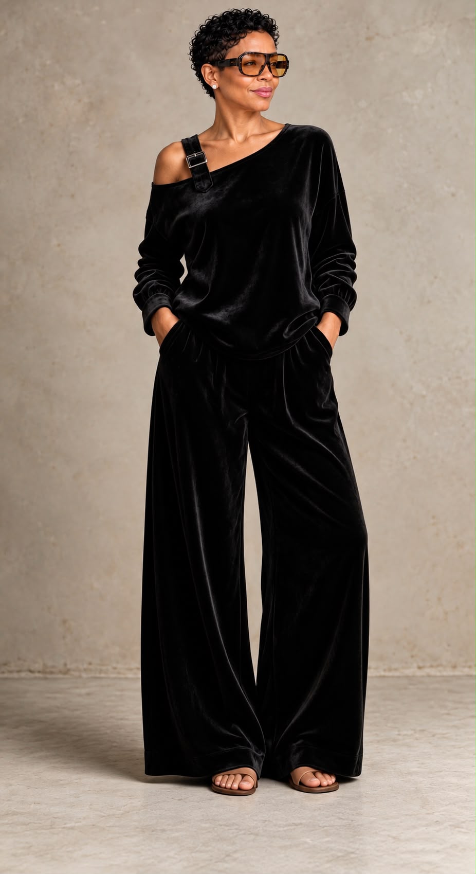 Velvet One Shoulder 2pc Set Black