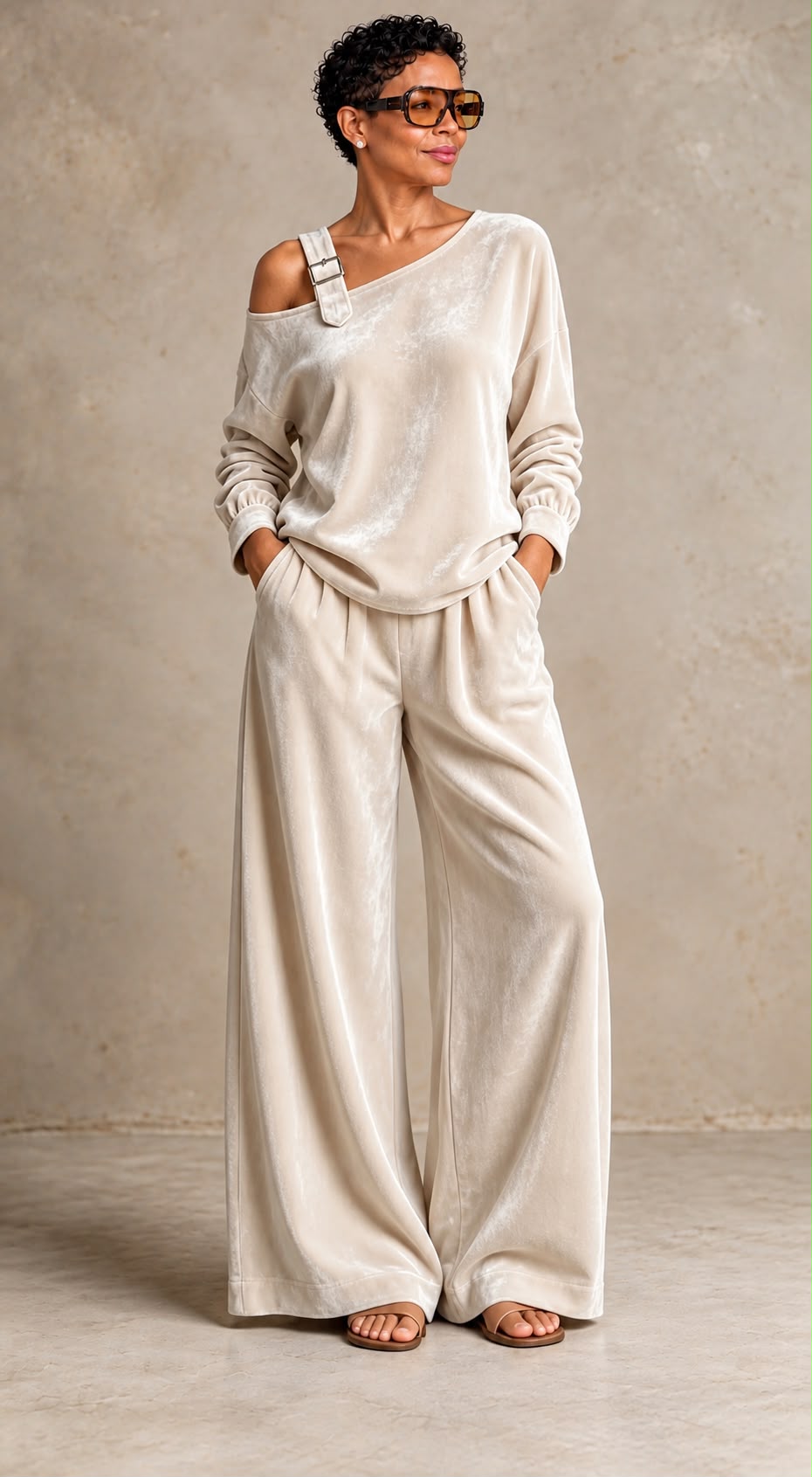 Velvet One Shoulder 2pc Set Khaki