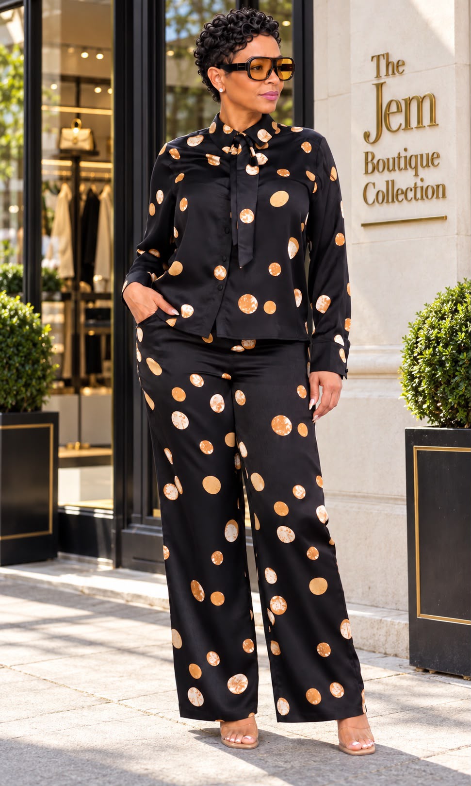 Polka Dot Tie-Neck Pant Set Black