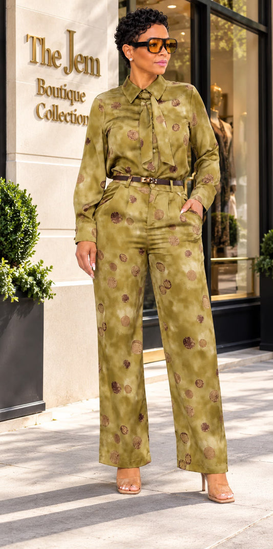 Polka Dot Tie-Neck Pant Set Green