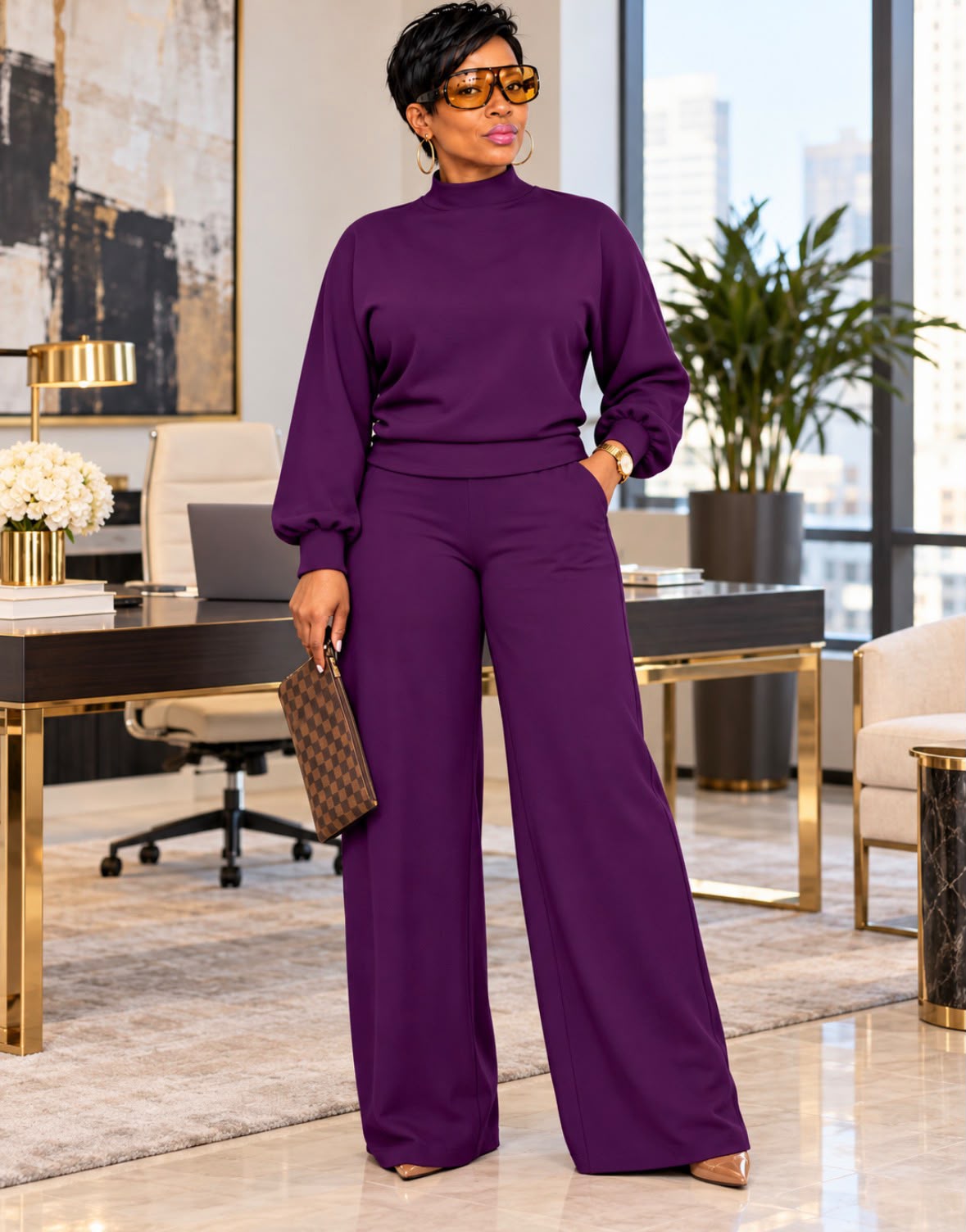 2pc ￼Long Sleeve Semi High Neck Loose Pant Set Purple