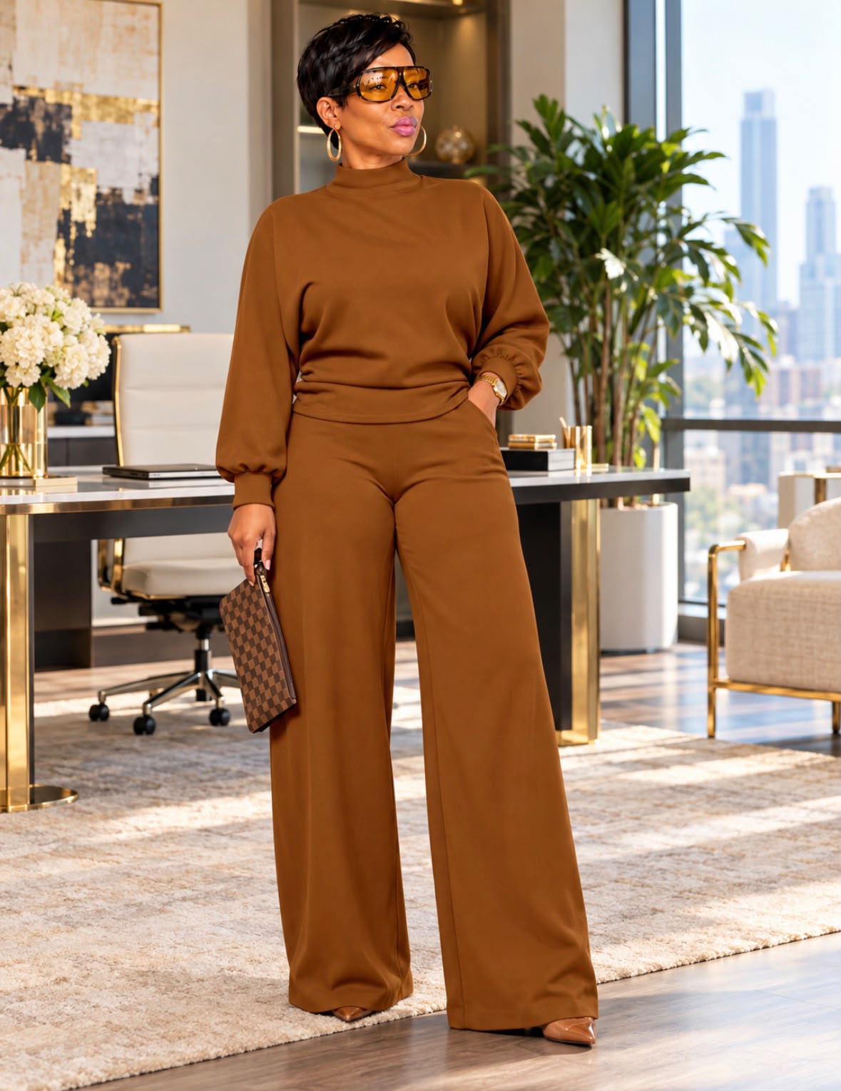 2pc ￼Long Sleeve Semi High Neck Loose Pant Set Brown