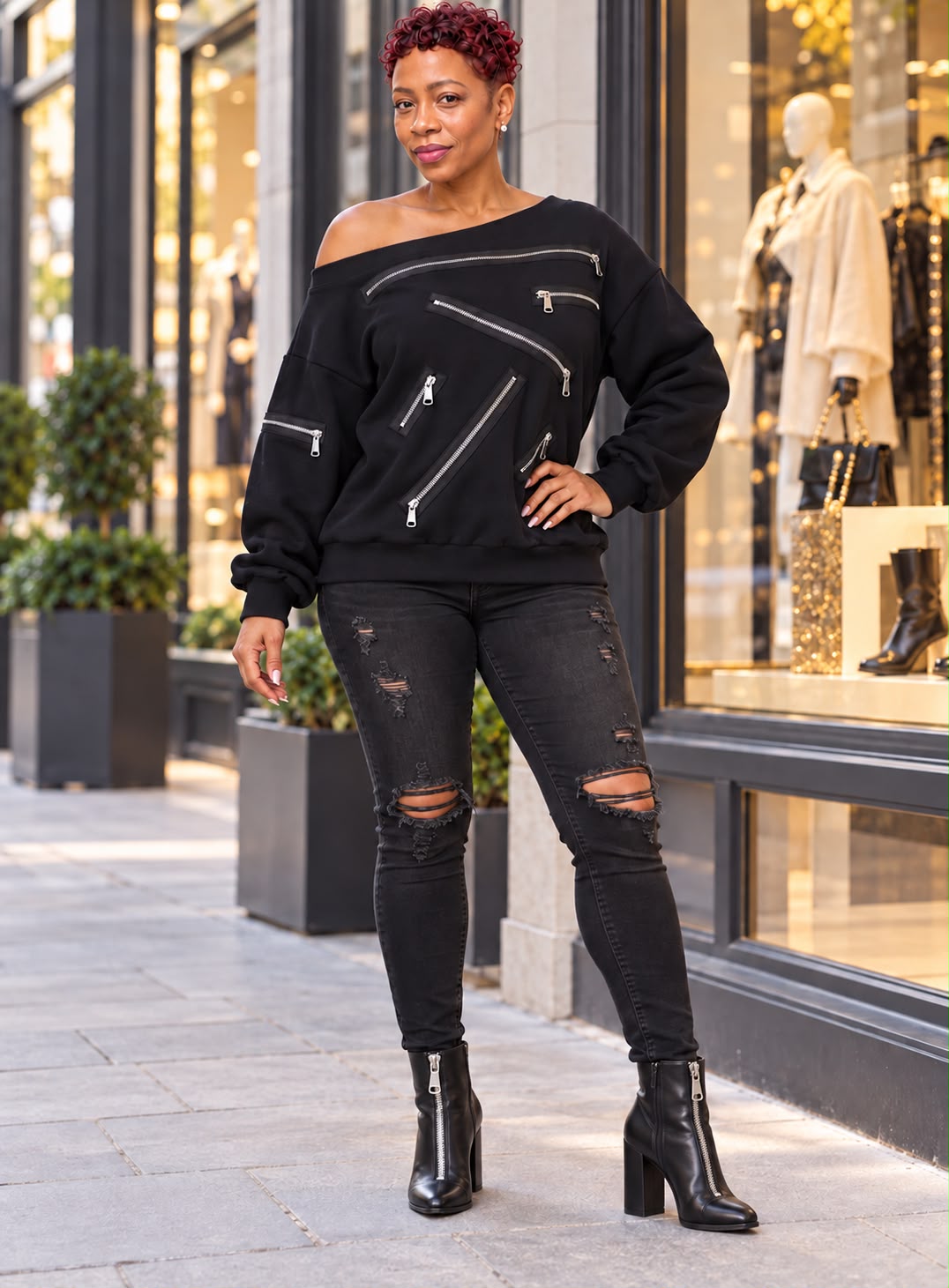Black Zipped Off The Shoulder Top