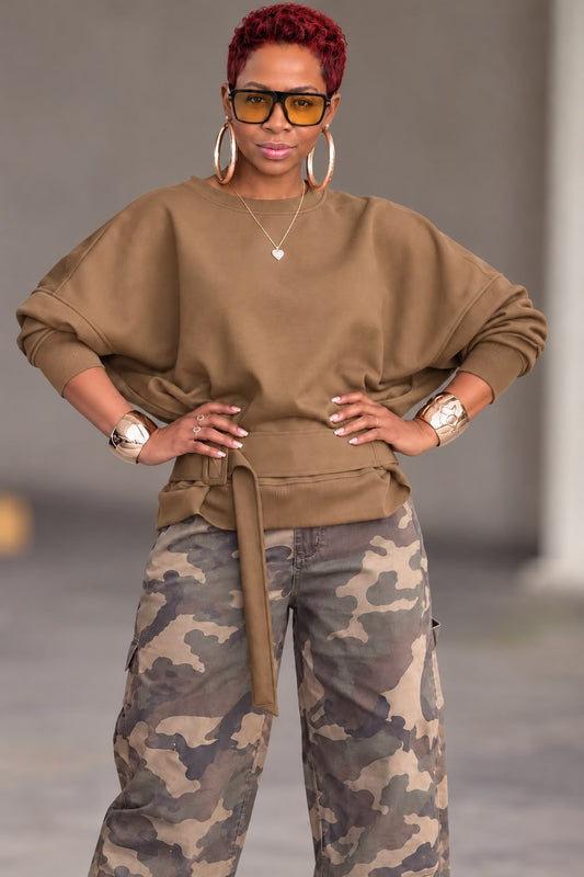 Crew Neck Belted Sweater Coffee
