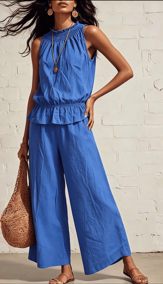 Boho linen 2 pc pants set cobalt blue
