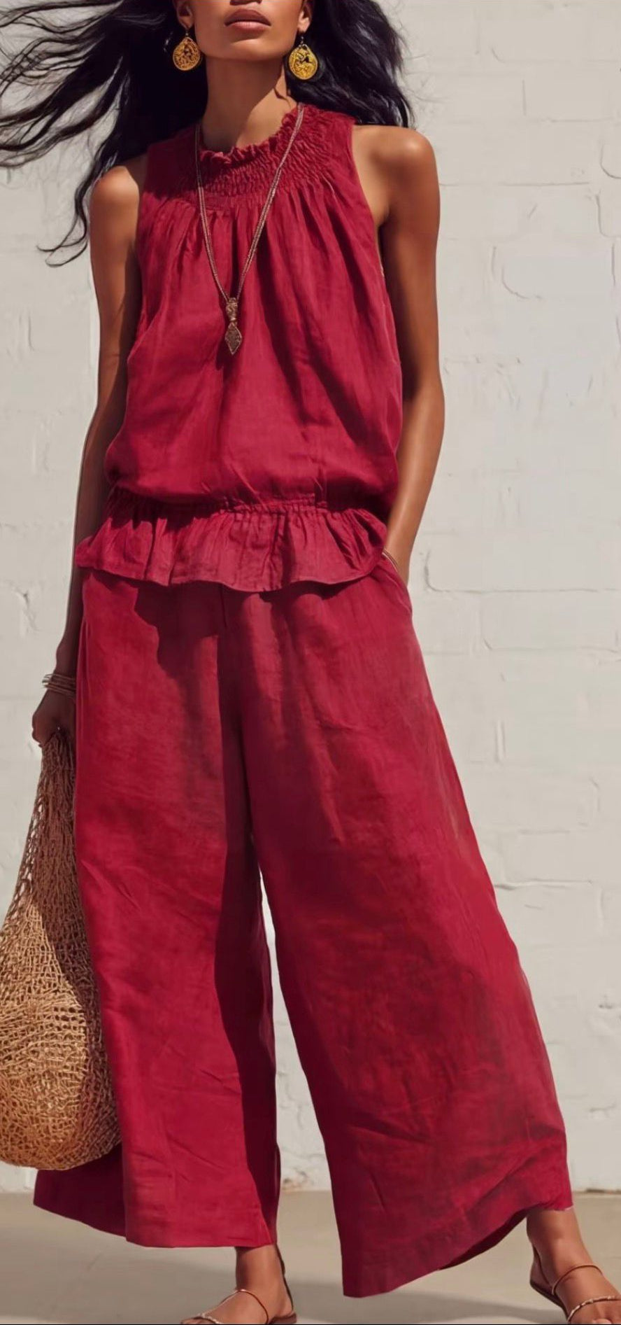 Boho linen 2 pc pants set burgundy