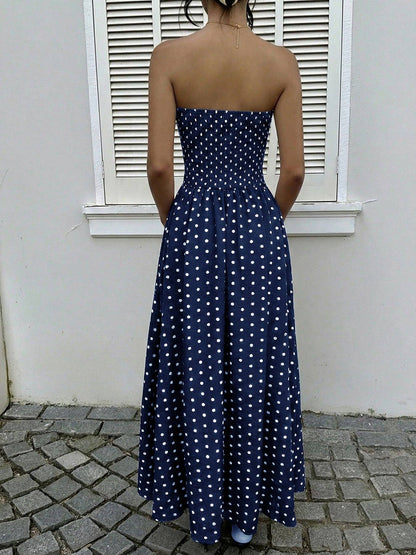 Strapless Polka Dot Maxi Dress Elegant Summer Dress