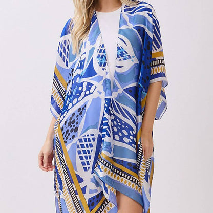 Abstract Botanical Print Silky Feel Kimono