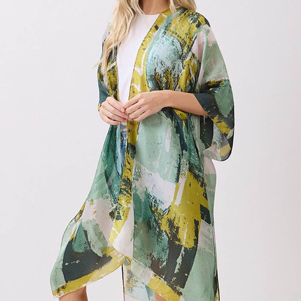 Abstract Modern Art-Inspired Print Silky Feel Kimono