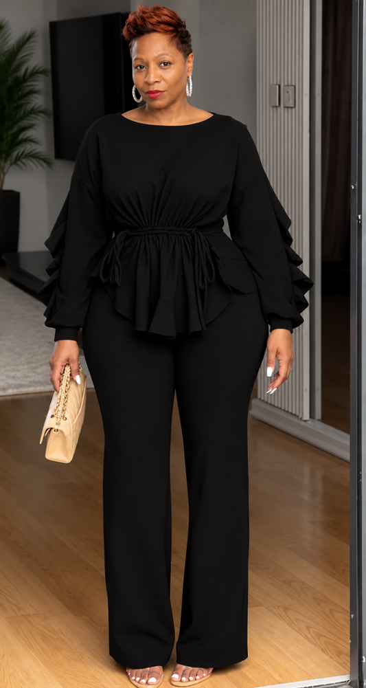 Lace Trim Long Sleeve 2pc Pant Set