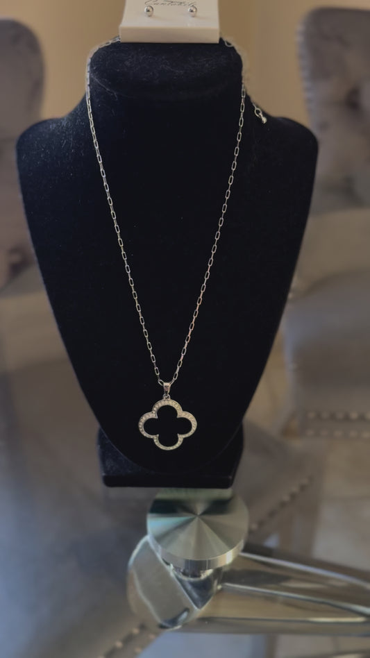 Clover Bling Necklace Set w/Silver Stud Earrings