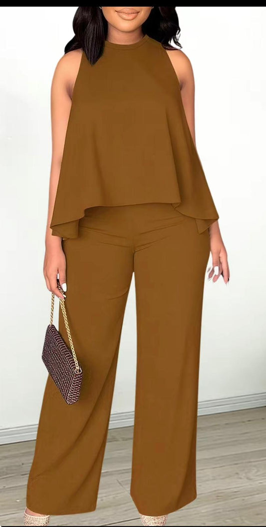 2 pc flowy halter pants set Brown