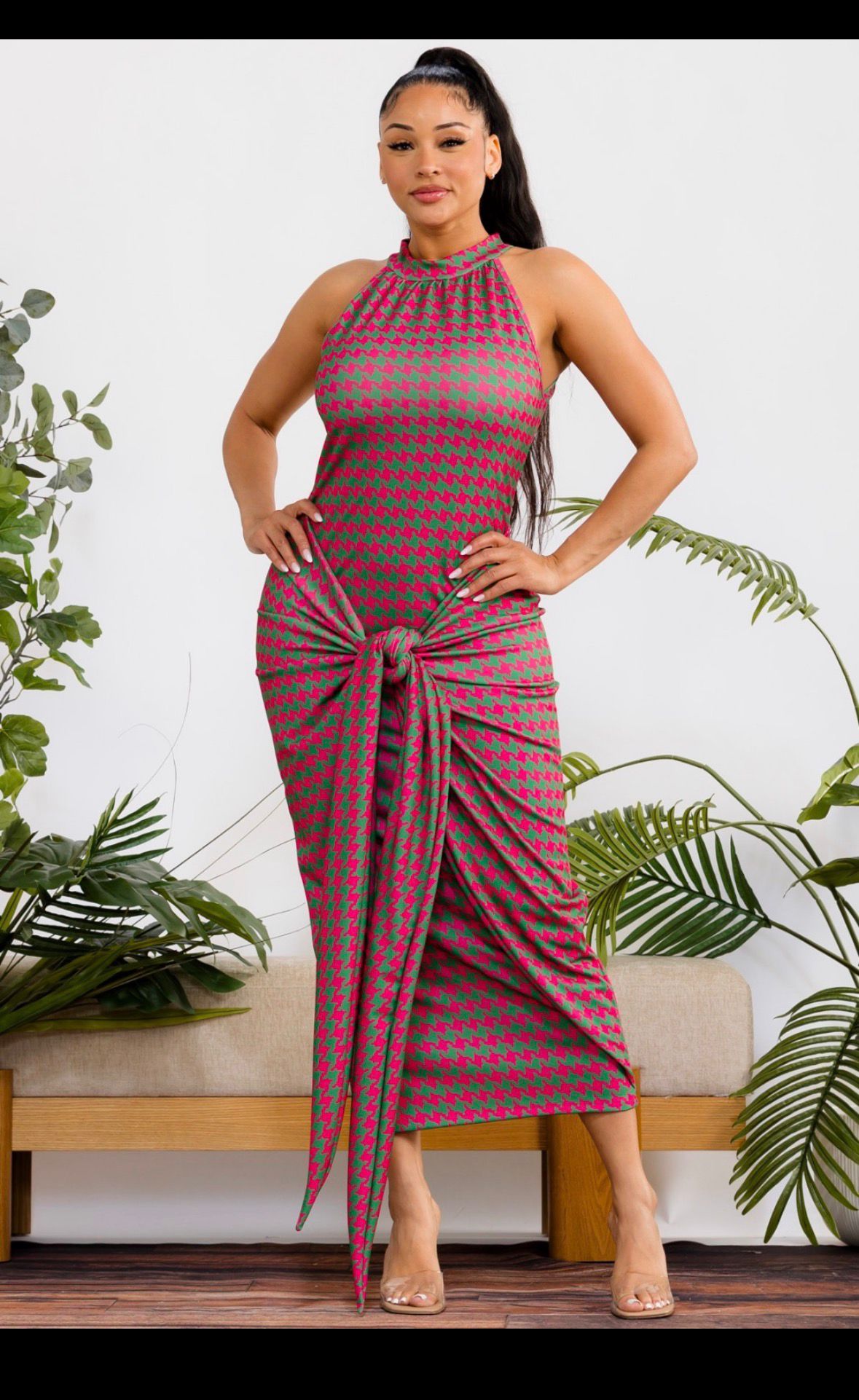 Pink and green midi dress