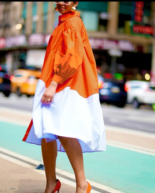 Color block tangerine shirt dress