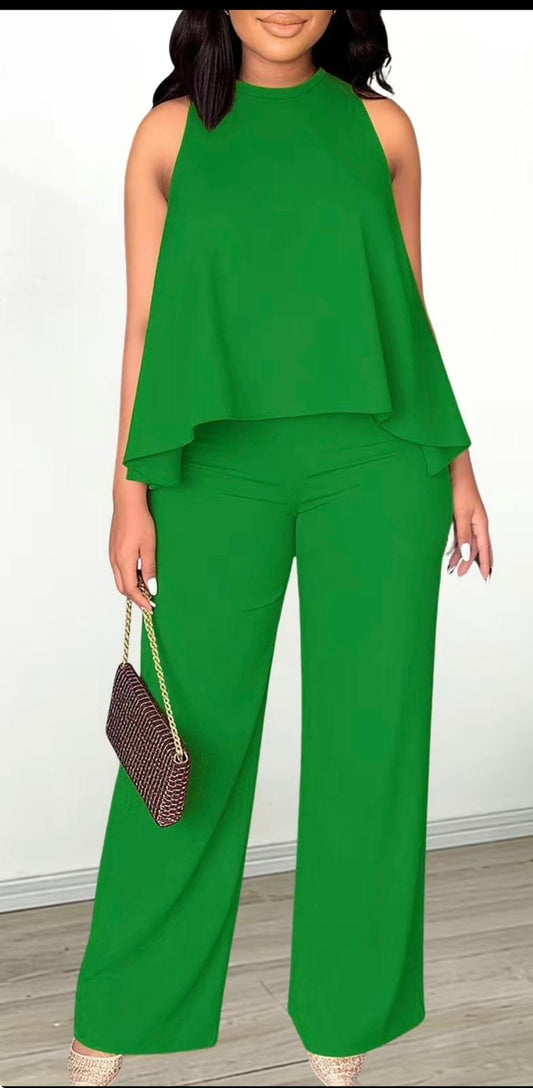 2 pc flowy halter pants set Green