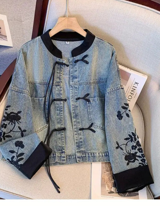 Vintage Chinese denim jacket with knot ties